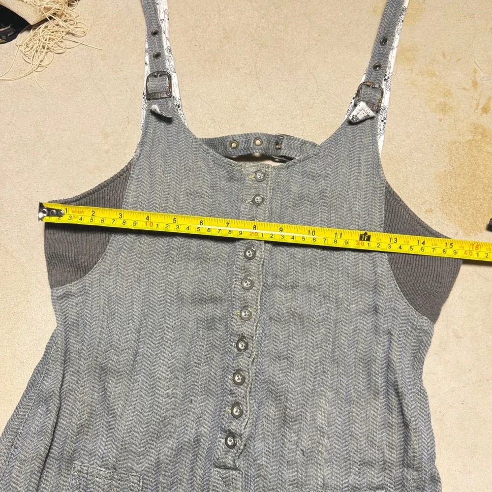 Free People FP Herringbone Pinafore Mini Dress Gray Blue Buckle Straps